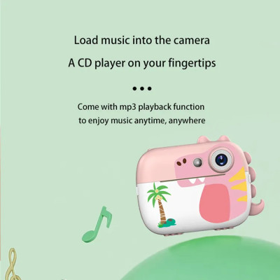 Detský fotoaparát s termotlačiarňou na okamžitú tlač, motív dinosaura. Farba biela.