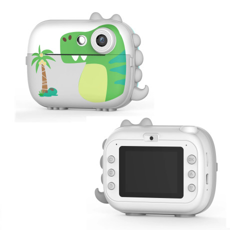 Dětský fotoaparát s okamžitým barevným tiskem Instax. Motiv dinosaurus. Barva bílá.