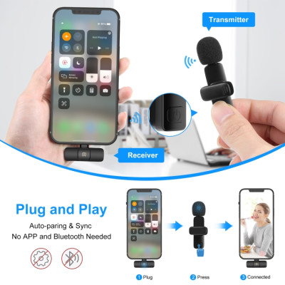 PULUZ bezdrátové klopové mikrofony s redukcí šumu pro iPhone / iPad, 8kolíkový přijímač a duální mikrofony (černé)