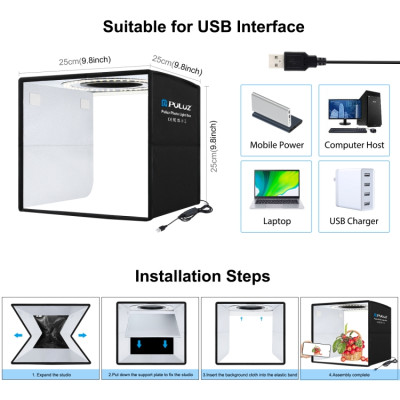 PULUZ Světelný stan přenosný 25 cm, kruhové světlo LED, odnímatelné pozadí, mini stativ