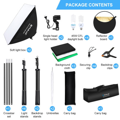 PULUZ Fotografický ateliérový set - pozadí, 2 x softbox, 2 x fotodeštník, stativy, žárovky, reflexní desky