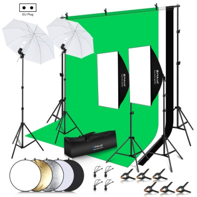 PULUZ Fotografický ateliérový set - pozadí, 2 x softbox, 2 x fotodeštník, stativy, žárovky, reflexní desky