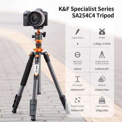 K&F Concept profesionální karbonový fotografický stativ D254C1, nosnost 10kg, výška 160 cm s kulovou hlavou BH-28L (KF09.109)