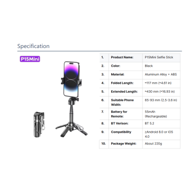 P15Mini Selfie Stick, Stativ, Stojan Na Telefon S Dálkovým Ovládáním, Přenosný Mini Stativ ro mobilní telefon