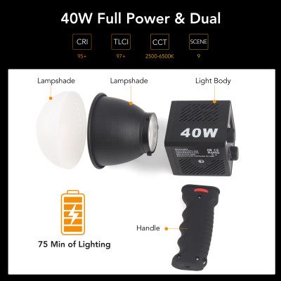 M60 LED štúdiové svetlo 40W, vstavaná nabíjateľná batéria, dvojfarebné, rukoväť, CCT 2500-8500K