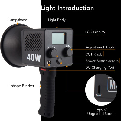 M60 LED Studiové světlo 40W, Vestavěná dobíjecí baterie, Bi-Color, madlo, CCT 2500-8500K