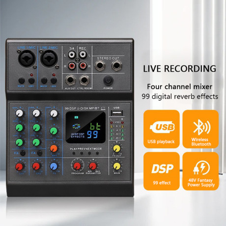 Mixážní pult D-38, 4 - kanálový, USB, Bluetooth, pro nahrávání zpěvu, hudby