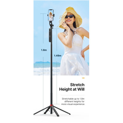 Selfie tyč P185 mini, diaľkové ovládanie, predĺženie až do 180 cm, statív pre telefóny