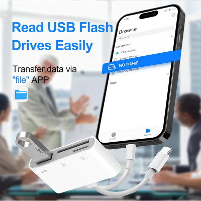 Adaptér, čtečka paměťových karet, výstupy USB-C + Lighning, vstupy Karta TF +USB + karta SD