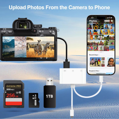 Adaptér, čítačka pamäťových kariet, výstupy USB-C + Lighning, vstupy pre TF kartu + USB + SD kartu