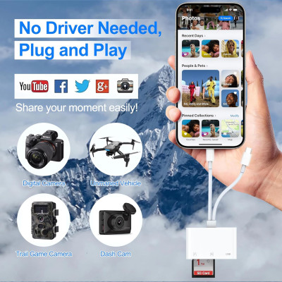 Adaptér, čítačka pamäťových kariet, výstupy USB-C + Lighning, vstupy pre TF kartu + USB + SD kartu