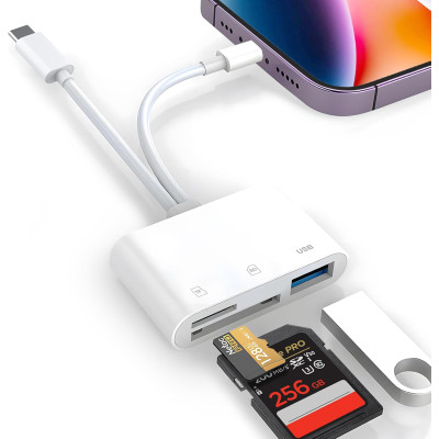 Adaptér, čítačka pamäťových kariet, výstupy USB-C + Lighning, vstupy pre TF kartu + USB + SD kartu