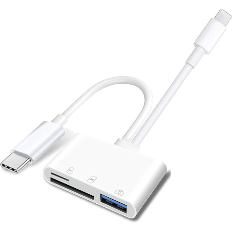 Adaptér, čítačka pamäťových kariet, výstupy USB-C + Lighning, vstupy pre TF kartu + USB + SD kartu