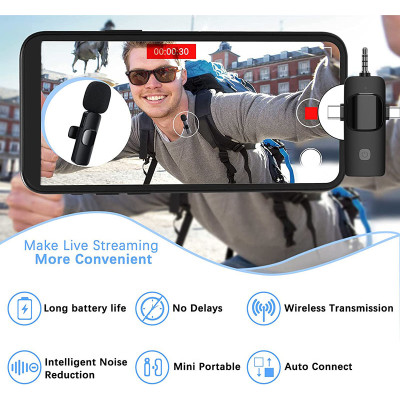 K15 - Bezdrôtový klopový mikrofón 2 ks + univerzálny prijímač s USB-c, Jack 3,5 mm, iphone pre telefóny, fotoaparáty