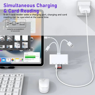 Adaptér, čtečka paměťových karet, výstupy USB-C + Lighning + USB-A, vstupy Karta TF + 2xUSB + karta SD, USB-C