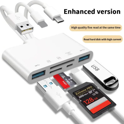 Adaptér, čtečka paměťových karet, výstupy USB-C + Lighning + USB-A, vstupy Karta TF + 2xUSB + karta SD, USB-C