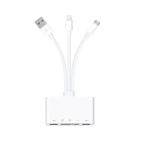 Adaptér, čtečka paměťových karet, výstupy USB-C + Lighning + USB-A, vstupy Karta TF + 2xUSB + karta SD, USB-C