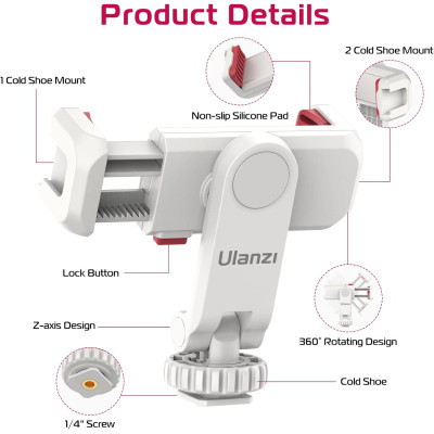 Ulanzi ST-06S Univerzálny držiak na smartfón, svorka, otočný o 360°, biely