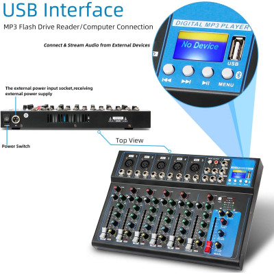 Mixér F7 7-kanálový, USB, Bluetooth, MP3 prehrávač