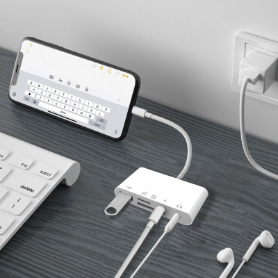 Čtečka paměťových karet, adaptér Lightning/Iphone - USB, Lightning, Jack 3, 5mm, TF/SD karty