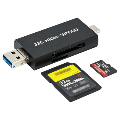 JJC Čtečka karet USB, USB-C, Micro USB - SD, micro SD, černá