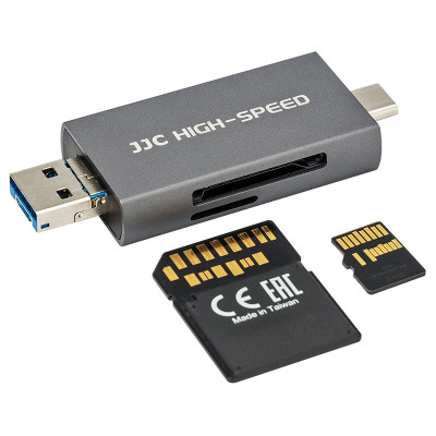JJC Čtečka karet USB, USB-C, Micro USB - SD, micro SD, šedá