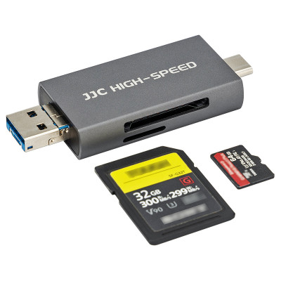 JJC USB čítačka kariet, USB-C, Micro USB - SD, micro SD, sivá