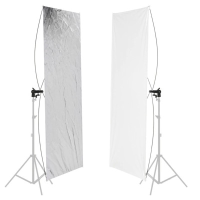 Ateliérový fotografický reflektor s otočným držiakom, reflexný panel ( biely a strieborný ) 90 x 180 cm