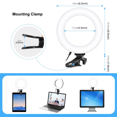 PULUZ 6,2 inch 16cm Round Light with clip for tablet, laptop, monitor