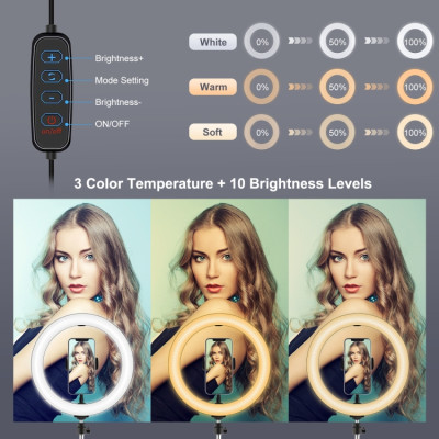 PULUZ 7,9 palce 20cm kruhové LED světlo s ohebným ramenem se svorkou na montáž ke stolu