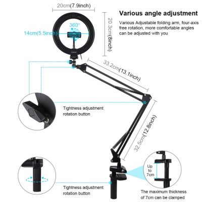 PULUZ 7.9 inch 20cm circular LED light with flexible arm with table mounting clamp