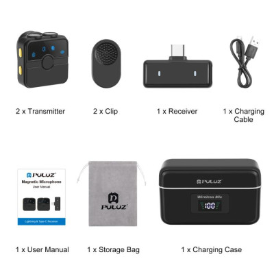 PULUZ SmartLink WS300 Magnetic lavalier wireless microphone with charging case, Type-C RX receiver and 2 microphones