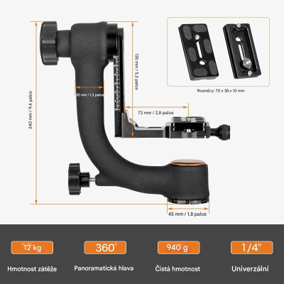 Rugged QZSD Q45S Gimbal Head, 15 kg capacity