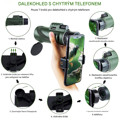 Monokulární kapesní dalekohled 80 x 100, s mini stativem a držákem na telefon, BAK4