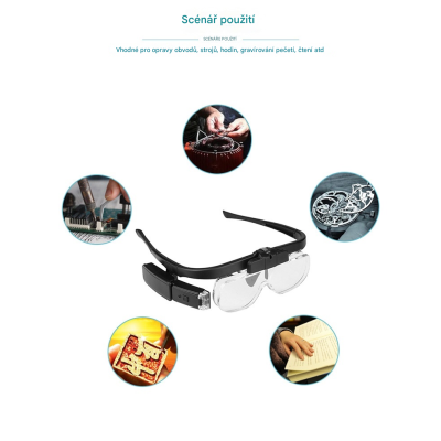 Profesionální náhlavní lupa ( brýle ) s LED osvětlením a integrovanou dobíjecí baterii