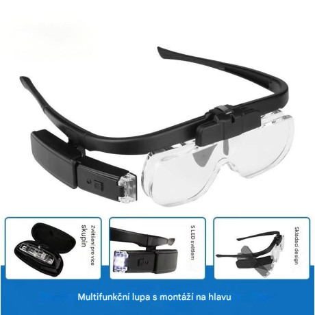 Profesionální náhlavní lupa ( brýle ) s LED osvětlením a integrovanou dobíjecí baterii