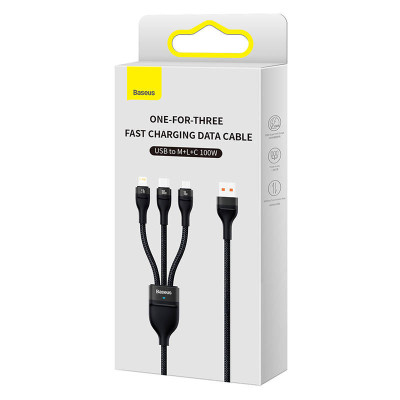 Kábel USB 3 v 1 zo série Baseus Flash, USB-C + micro USB + Lightning, 100 W, 1,2 m (čierny)