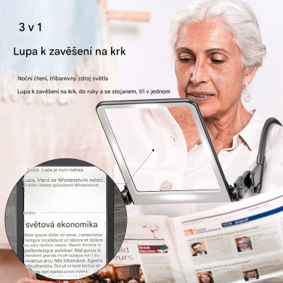 Lupa na čítanie, 3 V 1 záves na krk, LED svetlo, stojan