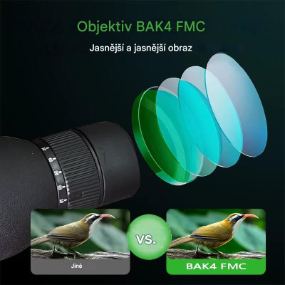 Pozorovací prenosný ďalekohľad, monokulár, 25 - 75 x 60 FMC, Bak 4, čierny, držiak na telefón, mini statív