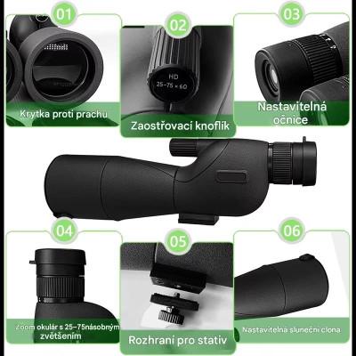 Pozorovací prenosný ďalekohľad, monokulár, 25 - 75 x 60 FMC, Bak 4, čierny, držiak na telefón, mini statív