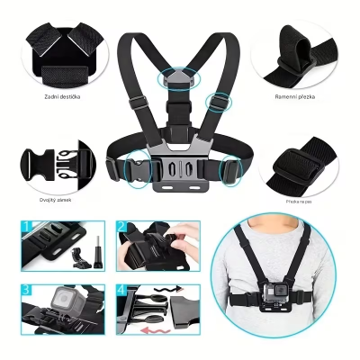 Harness with holder for attaching an outdoor (action) camera or phone to the chest