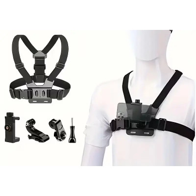 Harness with holder for attaching an outdoor (action) camera or phone to the chest